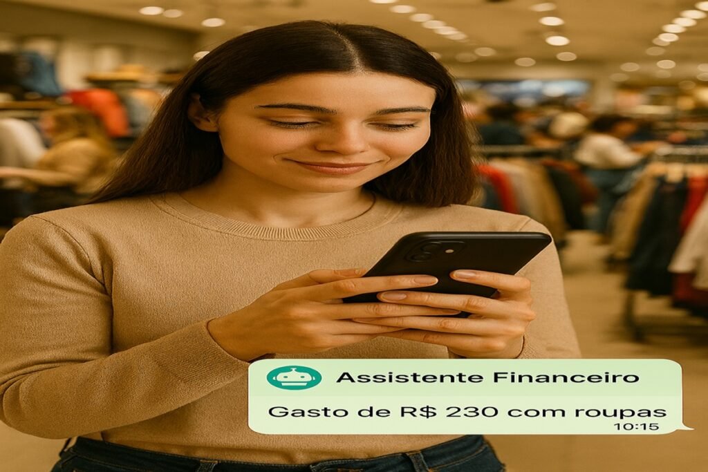 Pessoa em loja de roupas informando ao seu assistente financeiro de um gasto