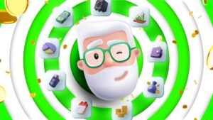 Ilustração 3D de personagem idoso sorridente cercado por ícones de assistente financeiro.