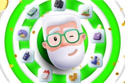 Ilustração 3D de personagem idoso sorridente cercado por ícones de assistente financeiro.