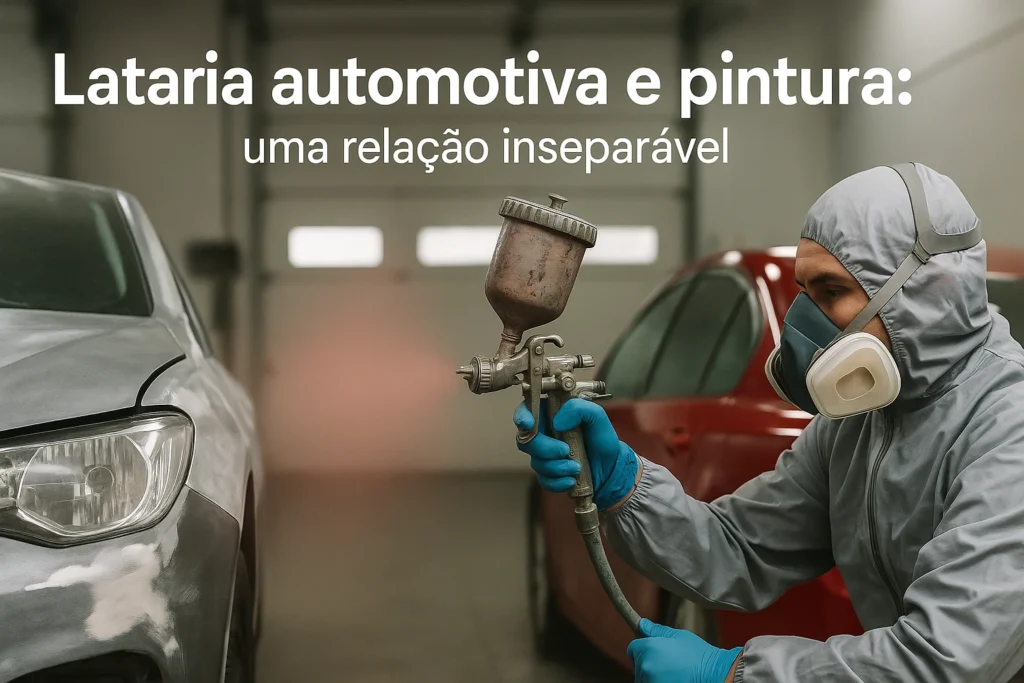 Profissional aplicando pintura automotiva com pistola em oficina limpa e bem iluminada, mostrando carro em reparo de lataria e pintura.