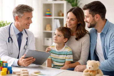 Pediatra realizando atendimento humanizado com criança e pais, representando acompanhamento e tratamento do autismo infantil em Brasília.